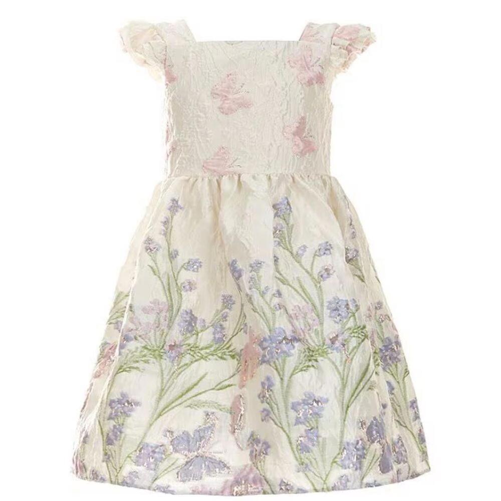 Rare Editions Lace Dress with Pink and Lavender Embroidery